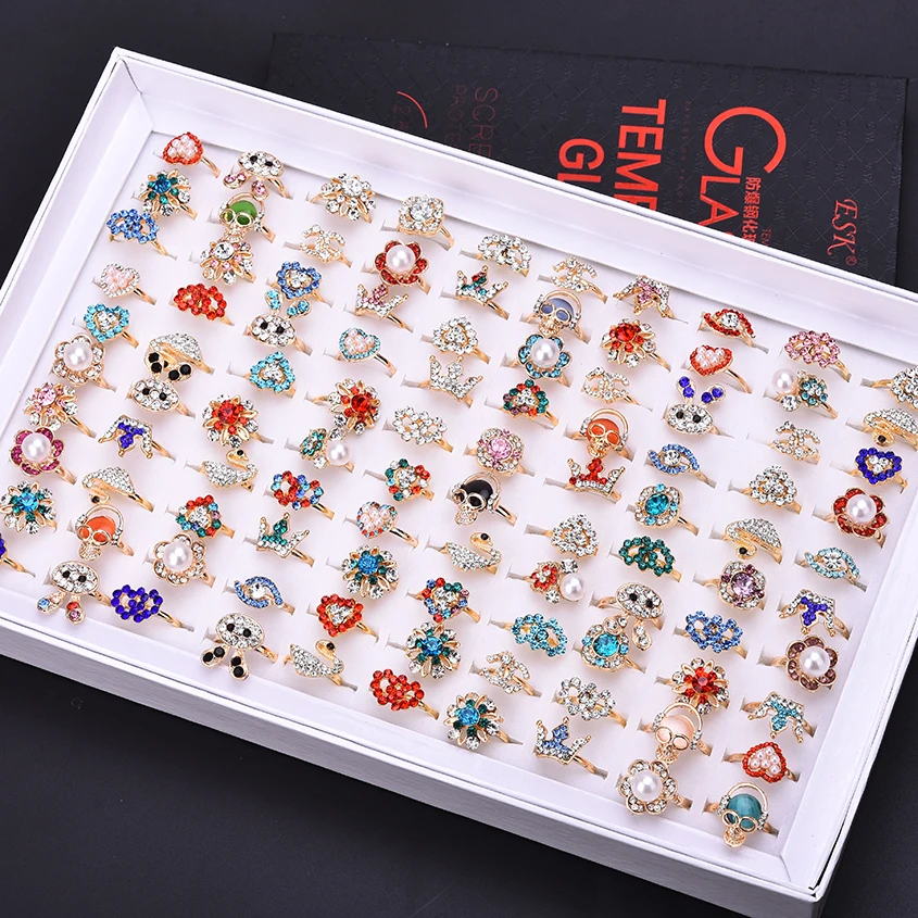 Wholesale Mixed Assorted Cartoon Crystal Adjustable Rings Baby Kids Girls Boy Mix Styles Party Gift Jewelry With Display Box