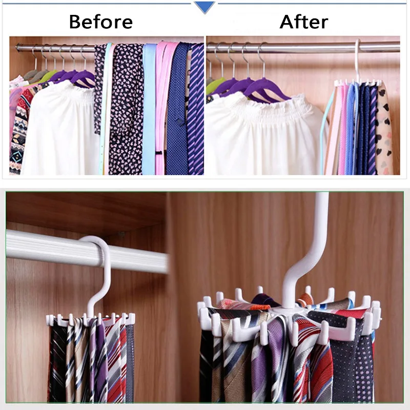 20 Hooks Neck Tie Hanger Plastic 360 Degree Rotating Tie Rack Belt Hanger Scarf Holder Multi-purpose Closet Storage Organizer