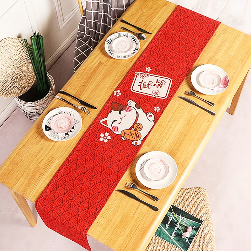 

Japanese Lucky Cat Table Runner Modern Furniture Cotton Fabric Fish Pattern Table Cloth