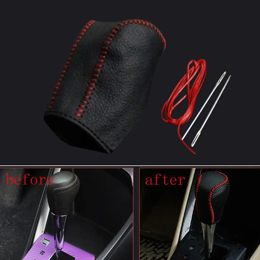 

Fit For Toyota Yaris 2014 1pc Black PU Leather Red Sewing Handmade Needle Thread Gear Shift Knob Shifter Cover Shell Decorative