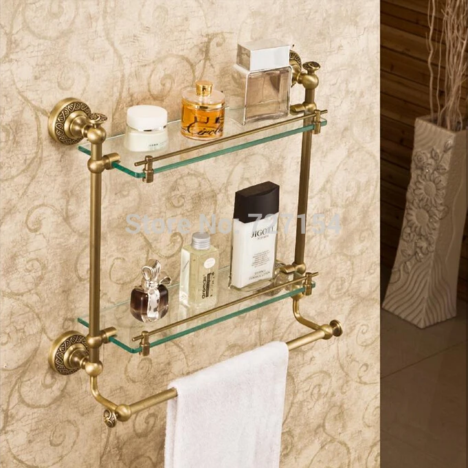 Полки для ванной комнаты 2 ярусные стеклянные античные латунные держатели для ванной полотенца настенная Полка вешалка для душа Аксессуары для хранения полотенец