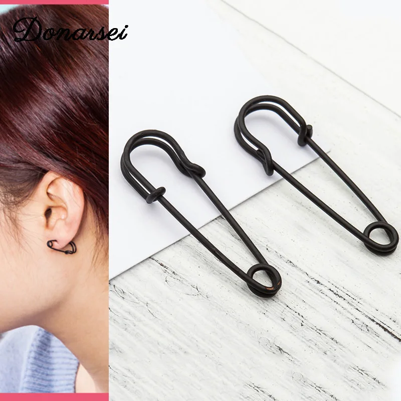 

Donarsei 2019 New Fashion Safety Pin Earrings For Women Minimalist Silver Black Gold Paperclip Stud Earrings Ear Threader
