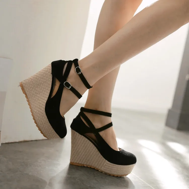 

Womens Platform Wedge High Heel Pumps Cross-straps Belt Buckle Flock Round Toe Bridal Casual Shoes 3Colors