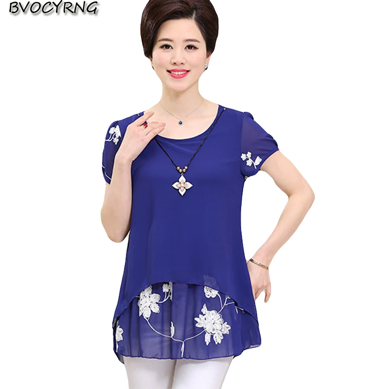 2018 Femenino Moda Elegantes Más Tops Impresión Gasa Blusas white Edad pink K0262 Para La blue Verano Camisas Mujeres Black De Mediana Tamaño Suelto ZwXZqrFS