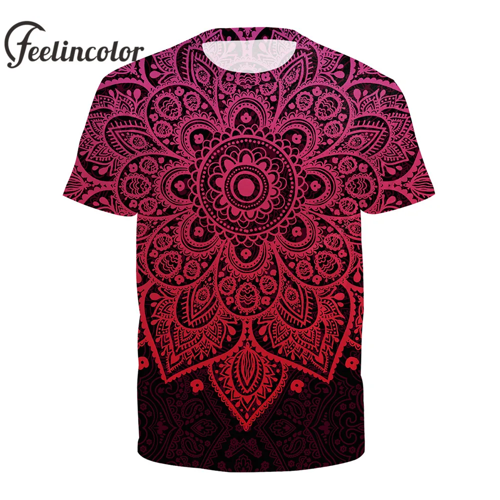 

Feelincolor Mandala Aztec Round Ombre T Shirt Men/Women Summer O-Neck Short Sleeve Tshirt Casual Red Plus Size T-shirt Harajuku