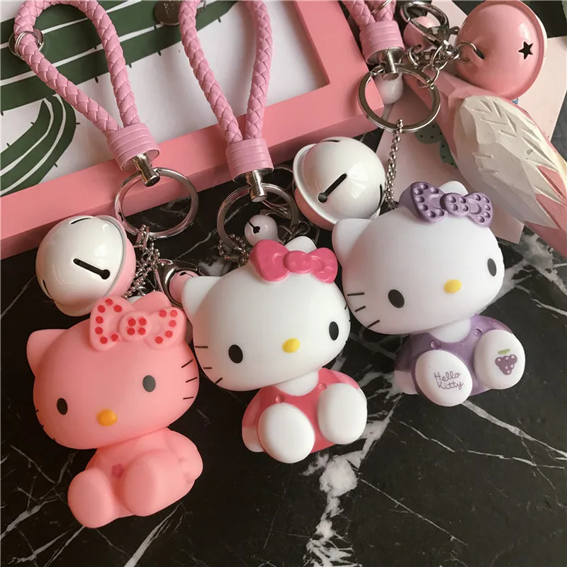 

Cartoon Dolls Cat Hello Kitty Keychain Leather Rope Bell Porte Clef Car Key Ring KT Key Chains Chaveiro Women Charm Bag Pendant