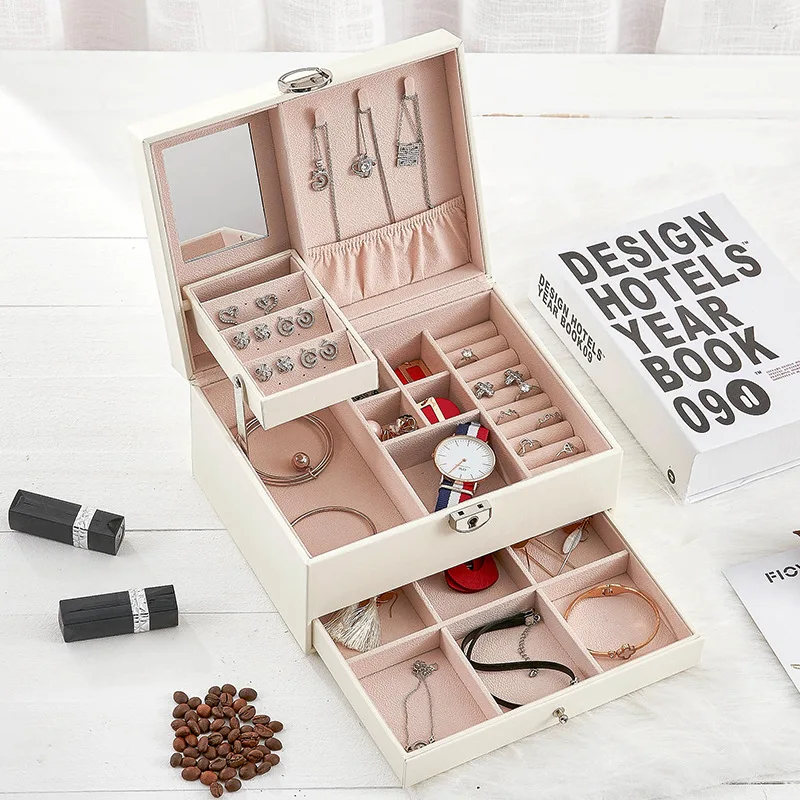 De diseño de moda de joyería de cuero caja de joyería Paquete de almacenamiento de gran espacio anillo de joyería de collar de pulsera de Venta caliente - 2