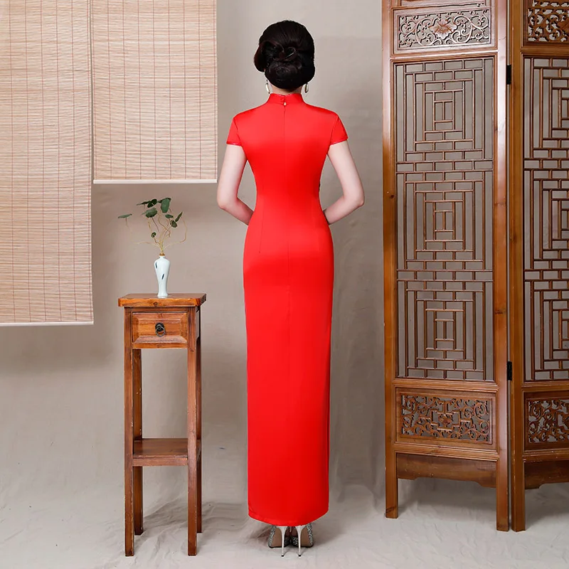 Женское Летнее Длинное Платье-туника, китайское традиционное платье, Cheongsam mordern, красный, синий, цветочный узор, китайский костюм tang Qipao