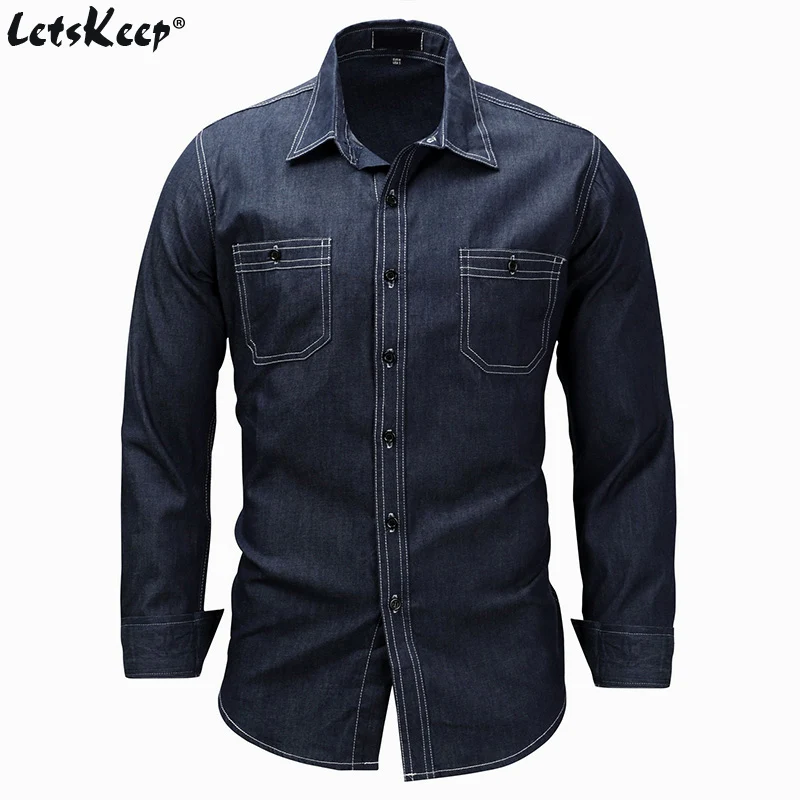 LetsKeep 2018 spring denim Men Shirt cotton washed Dress Shirt for men