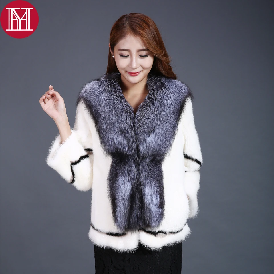 Buy new style real natural mink fur coat with big fox