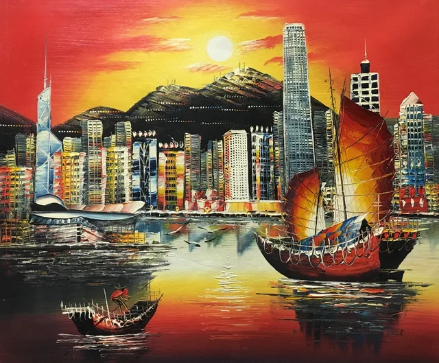Hand Painted Modern Oil Painting on Canvas Hong Kong City Sunrise