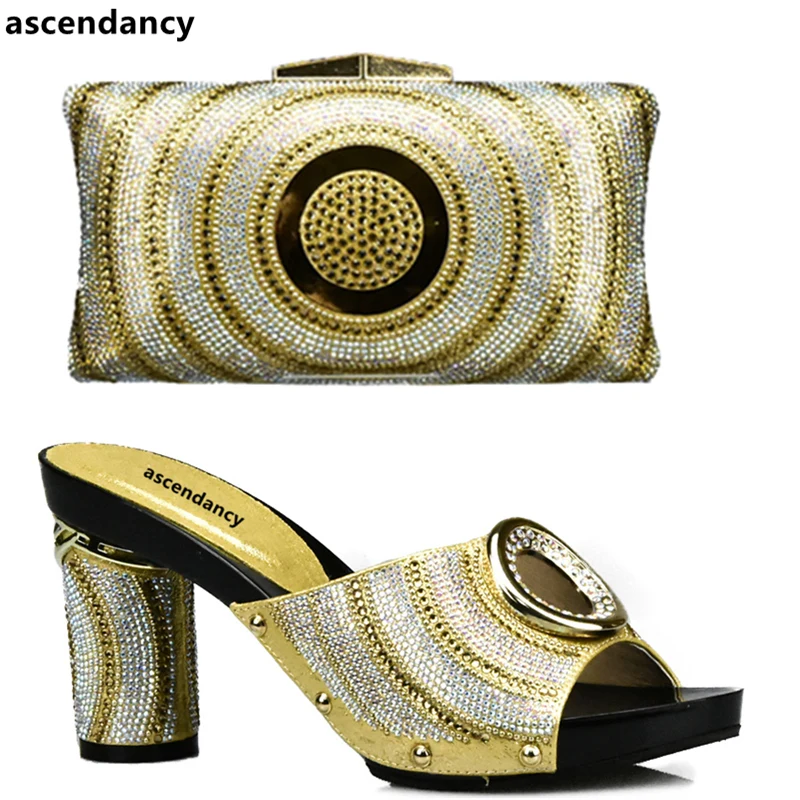 Rhinestone Gold Shoe and Bag Set Italian Shoes and Bags To Match Shoes with Bag Set Decorated with Rhinestone Party Shoe Bag Set