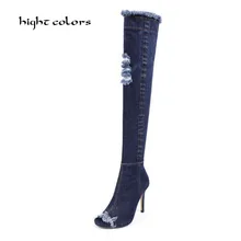 Женские демисезонные джинсовые сапоги до колена на высоком каблуке с острым носком большого размера плюс; Новинка года; Модные женские джинсовые высокие сапоги
