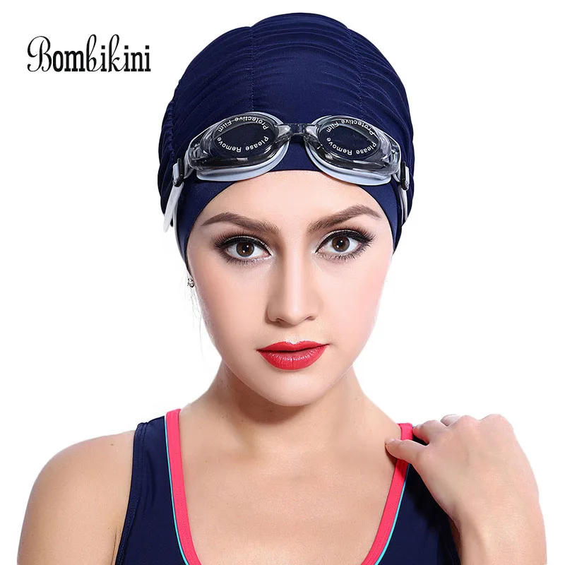 Women Drape Stretch Swimming Cap Beach Swim Pool Adult Fold Hat Long