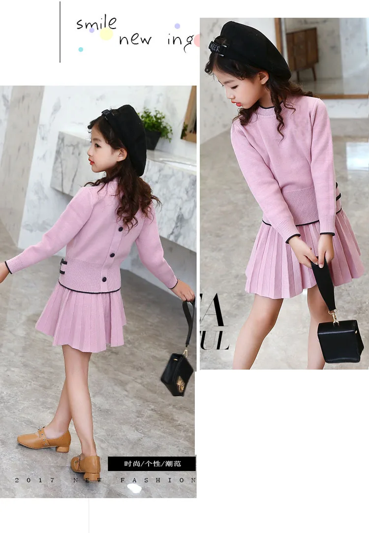 knitting big girl long sleeve set knitted kid girls set 2017 pink blue knit sweaters tops pleated skits children clothing suits  5 6 7 8 9 10 11 12 13 14 15 years little teenage girls  clothing set for girls girls winter set girl clothing se