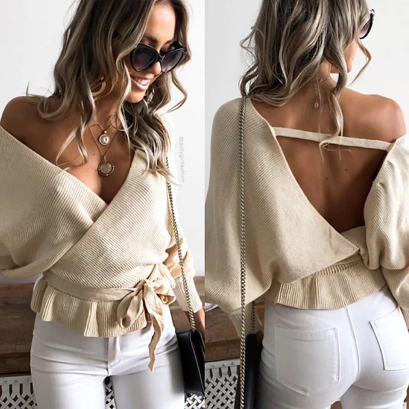 

LOSSKY Autumn Winter Casual Long Sleeve Knittied Cardigan Sweater V-Neck Hollow Out Lace Up Backless Sexy 2019 Women Sweater Top