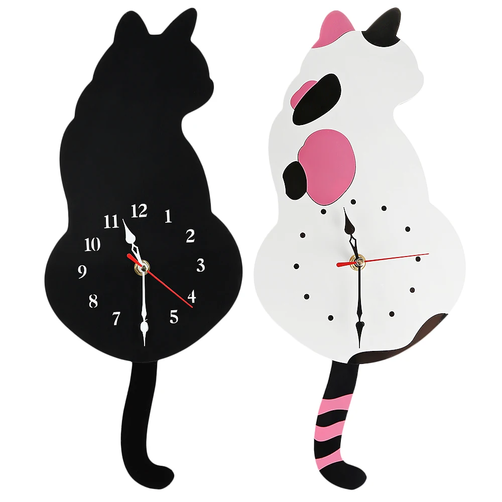 Cute Adorable Black Cat Wall Clock Pendulum Clock Funny Cat Swinging