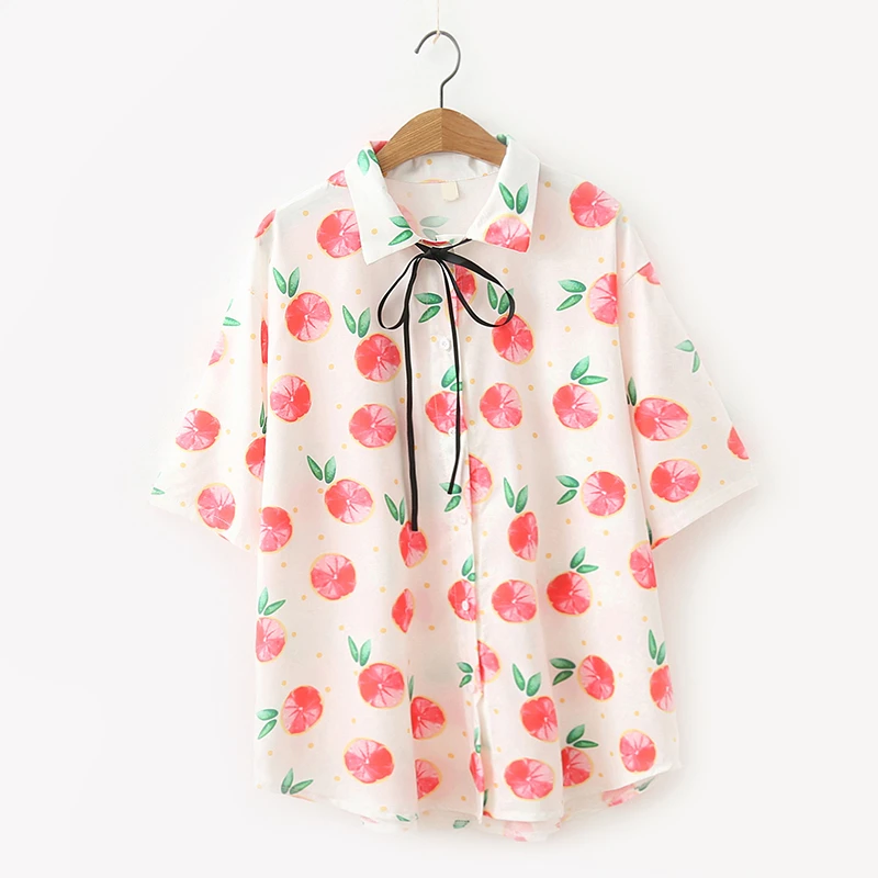 

Japanese Cute Fashion White Shirt for Women Mori Girl Fruit Strawberry Kawaii Chiffon Tops Vintage Lace Up Collar Button Blouses