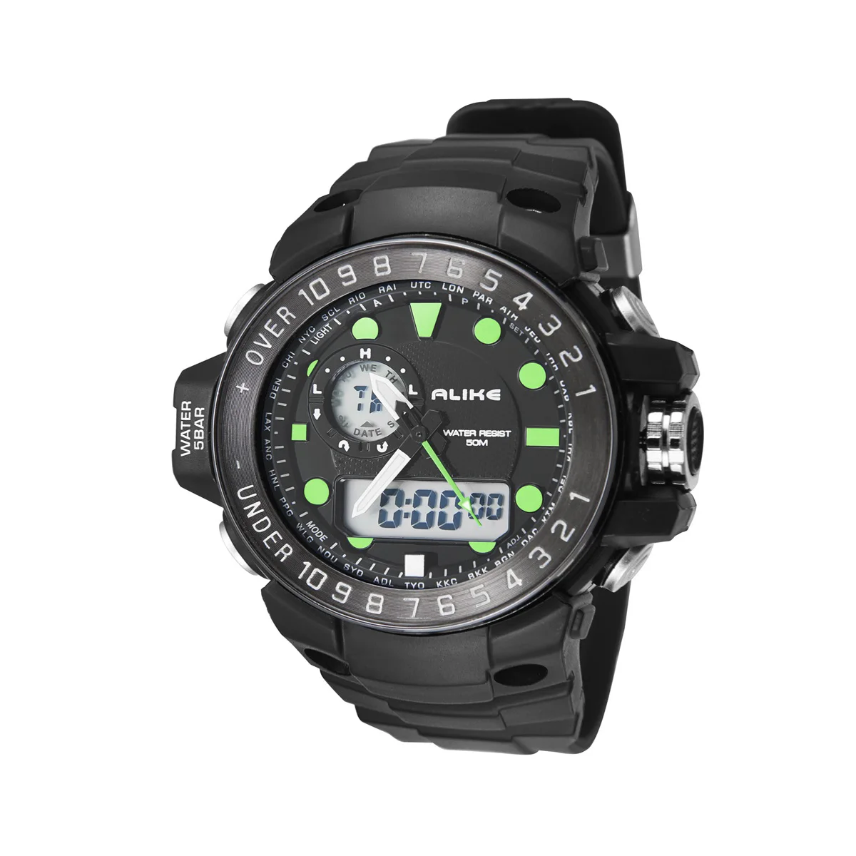 

ALIKE AK15112 5ATM Waterproof Men Digital Analog Dual Time Display Sports Wrist Watch with Date Alarm Stopwatch Backlight
