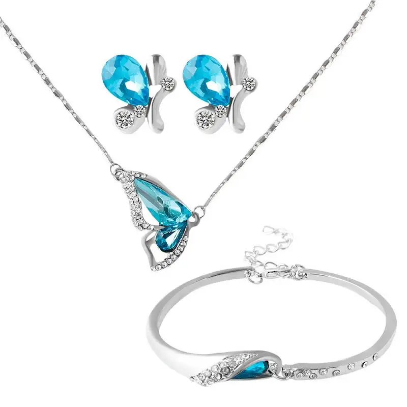 H: HYDE, Модные Ювелирные наборы для женщин, голубой кристалл, подвеска в виде бабочки, ожерелье, серьги-гвоздики, очаровательный браслет, подарок на день рождения - Окраска металла: 1