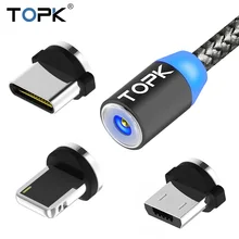 Topk rline1 светодиодный магнитный кабель USB, магнит plug & Тип USB C & Micro usb-кабель и USB кабель для iPhone X 8 7 6 plus 5S se