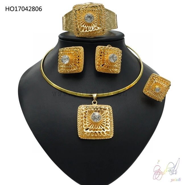 

YULAILI Ethiopian Jewelry Sets Pure Gold Color Choker Pendant Bangle Earrings Ring Traditional Accessories in Ethiopia