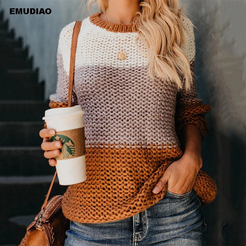 

Striped Patchwork Knitted Sweater Women Long Sleeeve Knitting Pullover Autumn Winter 2019 High Street Knitwear Jumper Pull Femme
