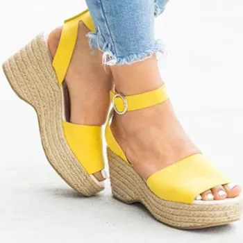 

Women Sandals Linen Flock Buckle Strap Wedges Height Increasing Ankle High Wedges Heel Platform Ladies Shoes Zapatos Mujer 121W