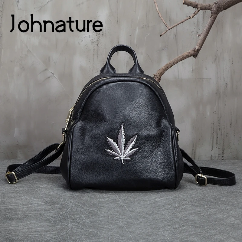 

Johnature 2020 Genuine Leather Geometric Softback Zipper Arcuate Shoulder Strap Silt Pocket Casual Embroidered Women Backpack