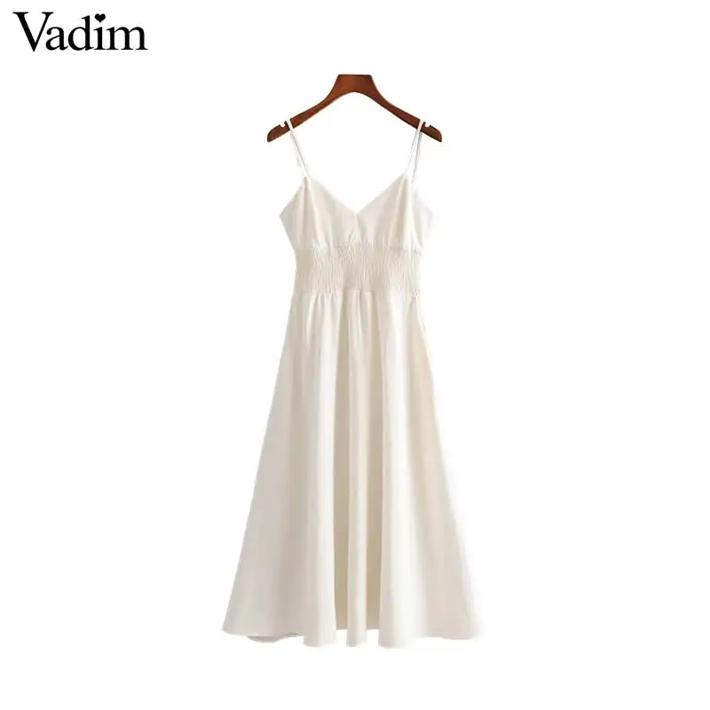 

Vadim women V neck white midi dress elastic waist adjustable straps sleeveless backless female mid calf dresses vestidos QB610