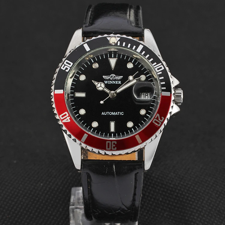 Tanie Zwycięzca unikalny projekt Twotone Bezel klasyczny Auto data mechaniczny własny wiatr zegar moda Casual skórzany zegarek na rękę