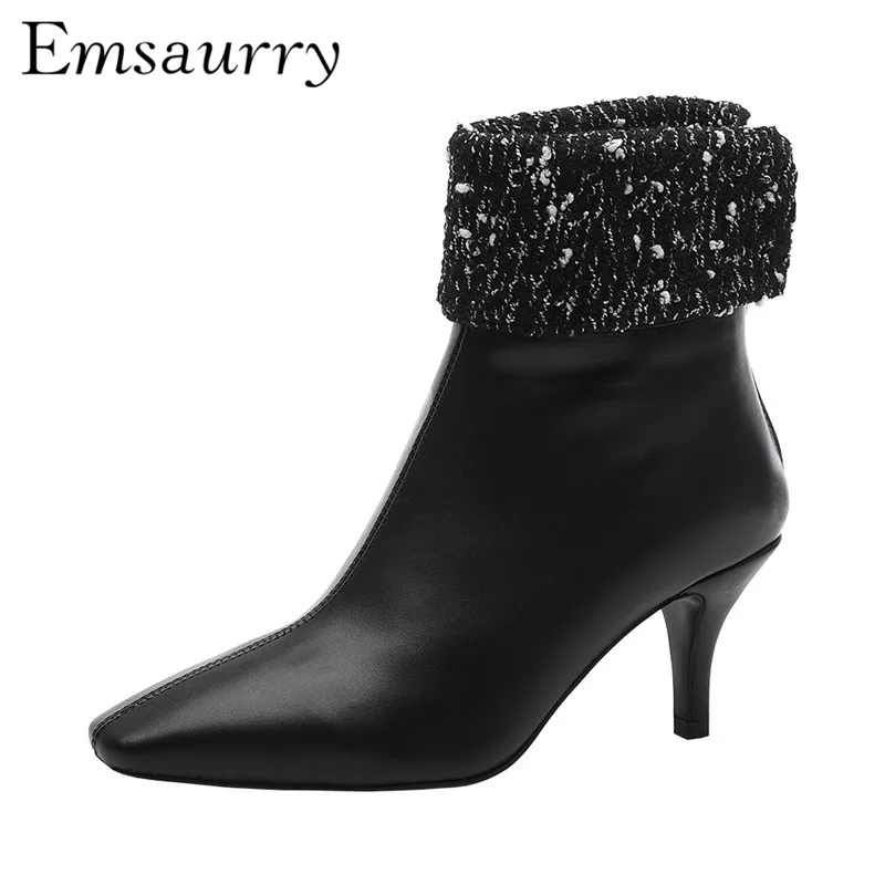 

Unique Square Toe Chelsea Boots Sexy Kitten Heel Back Zip Turn-up Genuine Leather Autumn Winter Botas Mujer