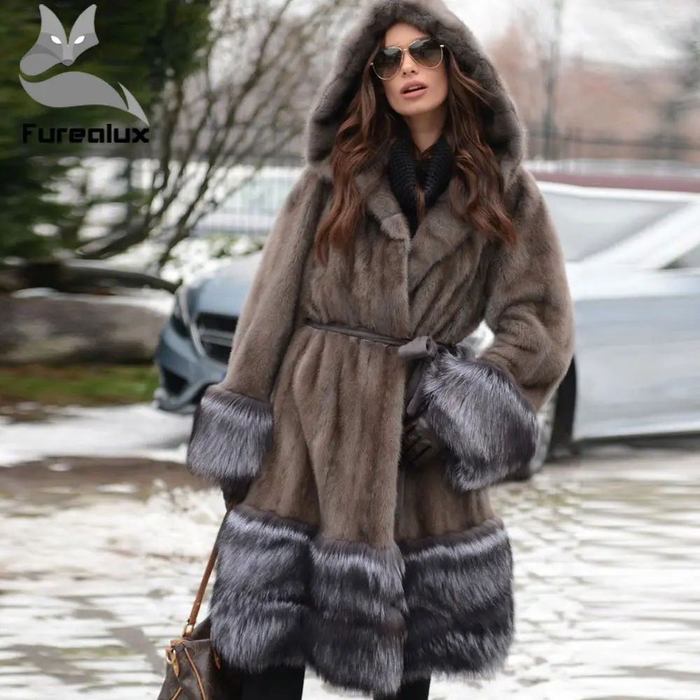 

Furealux Fashion Real Mink Fur Coats For Women With Big Hood Jacket Silver fox cuffs hem Mink Fur Coat Super Long Coats Skirt