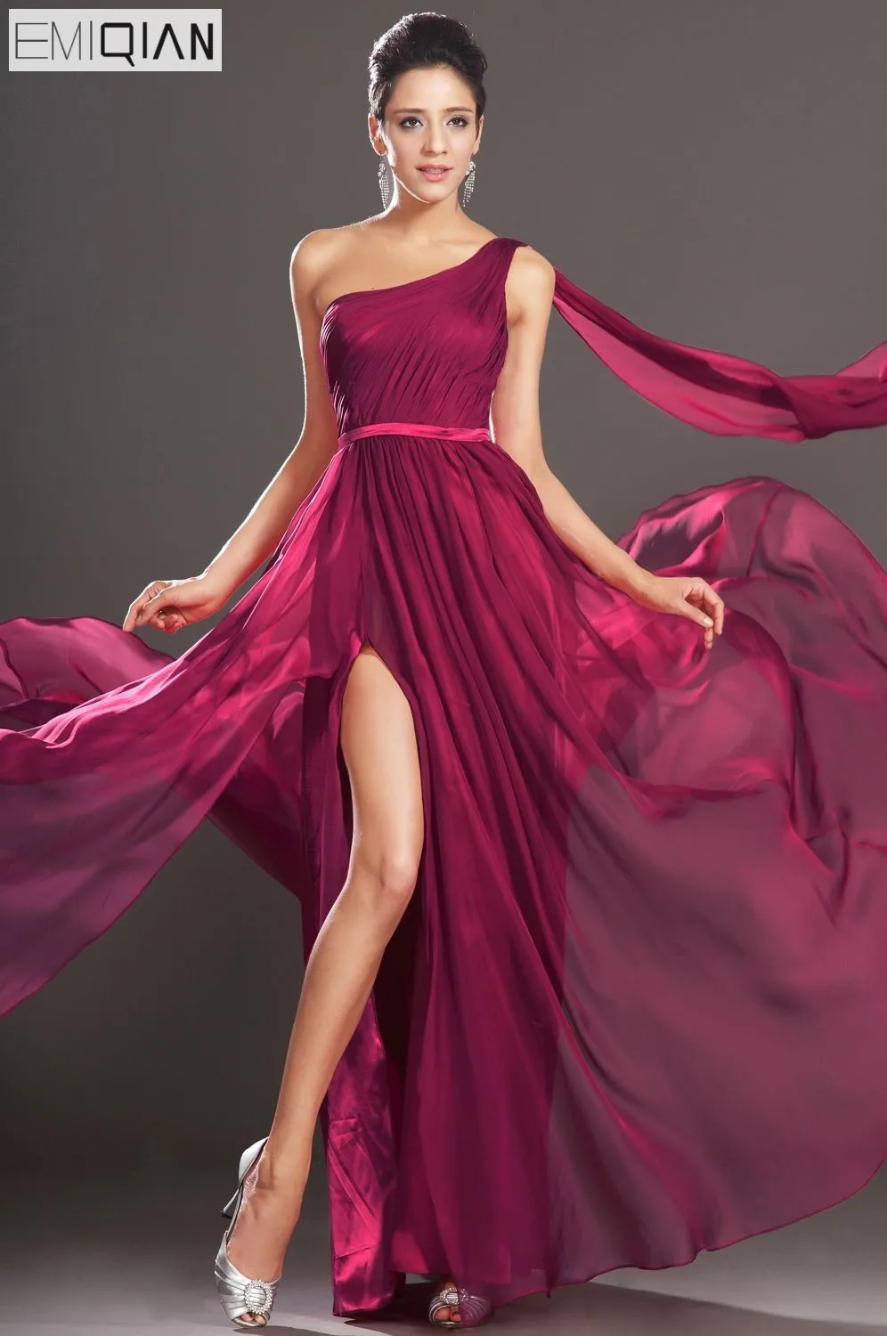 

Free Shipping New Gorgeous One Shoulder Scoop Neckline Sash Chiffon Evening Dress