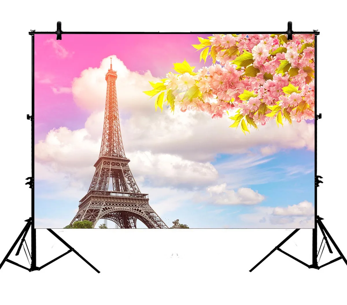 

5x7ft Spring Colorful Paris Eiffel Tower Pink Flower Wedding Polyester Photo Background Portrait Backdrop