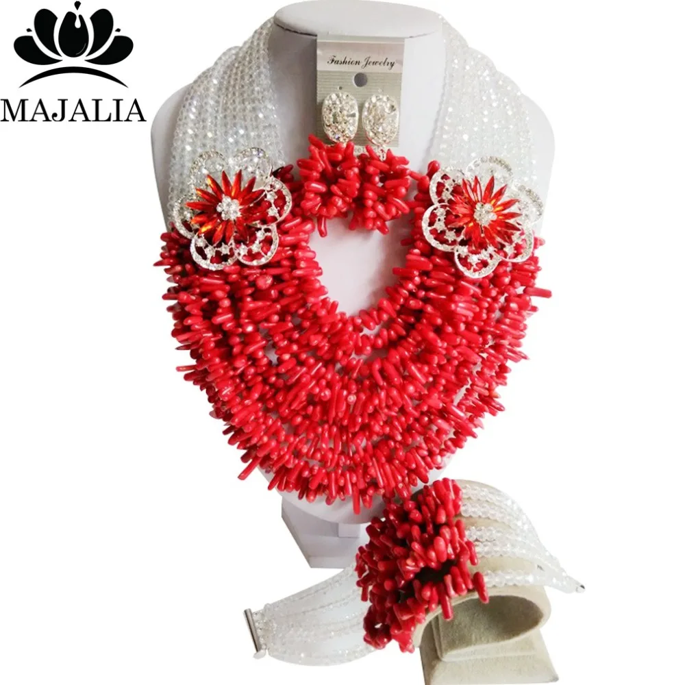

Trendy Nigeria Wedding african beads jewelry set red coral necklace bracelet earrings Free shipping VV-251