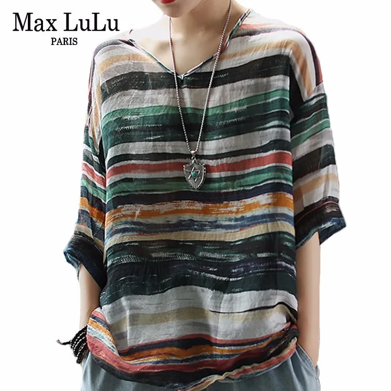 

Max LuLu Summer Fashion Korean Vintage Ladies Linen Clothes Women Casual V Neck Tops And Blouses Female Striped Chiffon Shirts