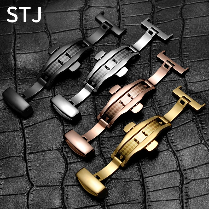 

STJ Brand Butterfly Buckle Double Push Button Fold Clasp Watch Strap Relojes Hombre 12mm 14mm 16mm 18mm 20mm Rose Gold Silver