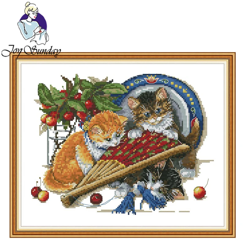 

Joy Sunday,Cat and fan,animal pattern cross stitch embroidery set,printing cloth embroidery kit,needlework,Chinese cross stitch