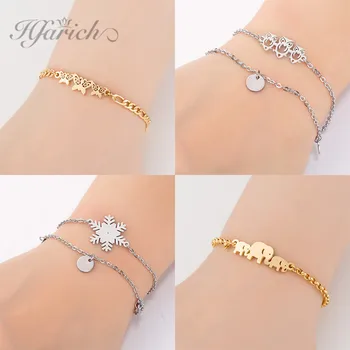 

Hfarich Cute Elephant Owl Animal Stainless Steel Bracelet for Women femme Snowflake Geometric Gold Charm Bracelet Jewelry Gift