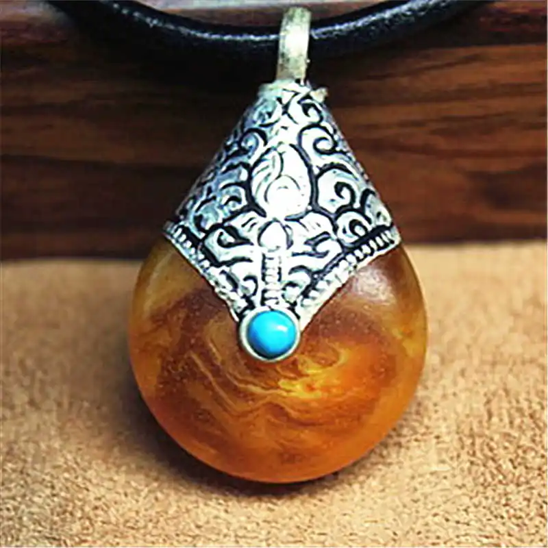 

TBP319 Nepal Vintage Jewelry Tibetan Silver Capped Yellow Resin Drop Pendant