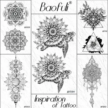 

Baofuli Black Henna Arm Tattoo Turtle Mandala Flower Painting Temporary Tattoo Sticker Fake Tattoos Women Waterproof Tatoo Art