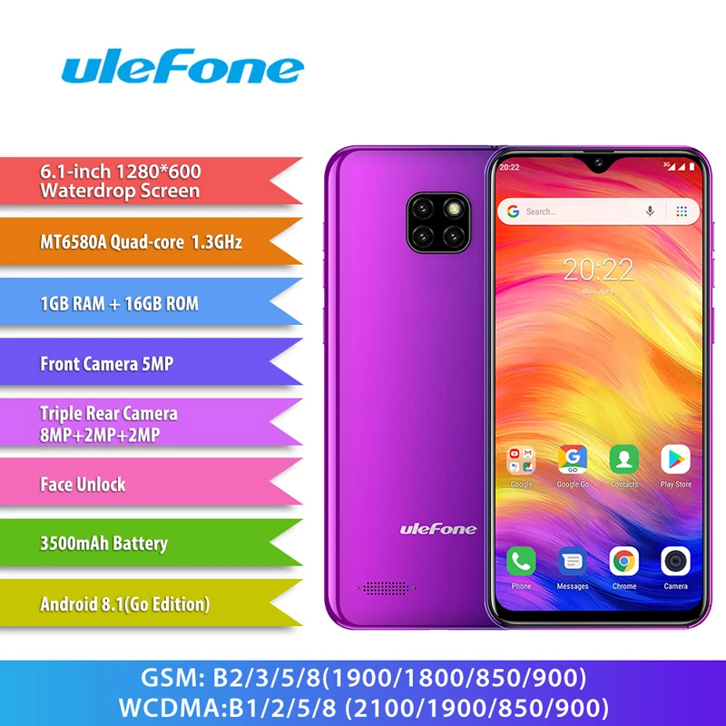 Ulefone Note 7 Смартфон Android 8 1 19:9 6 дюймов экран капли воды 3500 мАч ГБ 16 четырехъядерный