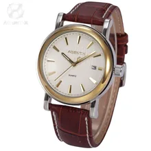 AGENTX Gold Steel Case White Dial Reloje Auto Date Display Analog Brown Leather Band Quartz Men