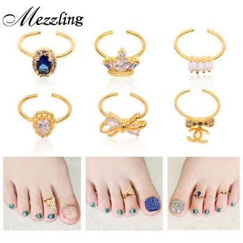 

2015 New 1pcs Bow Crown Rhinestone Diamond Toe Nail Rings Gold Alloy Elegant Women Nail Jewelry Decoration Tools
