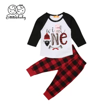 Рождественский комплект одежды для маленьких мальчиков и девочек; футболка с длинными рукавами для малышей; Топ; штаны в клетку; комплект со штанами; Осенняя детская одежда