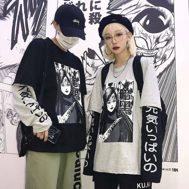 Harajuku футболка уличная хип-хоп Футболка Мужская Женская Осенняя Amine забавная с