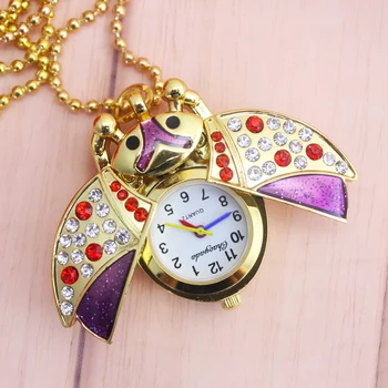 

2018 cyd Children girls lovely ladybug clamshell diamond quartz pocket watch ladies luxury necklace pendant portable fob watch