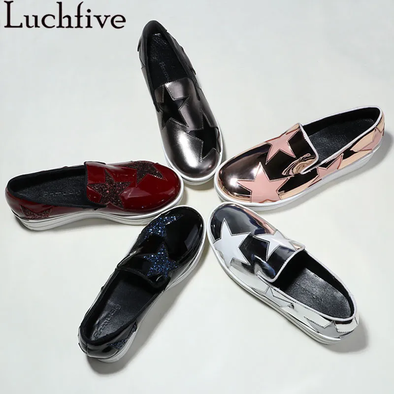 

Runway casual shoes Women genuine leather platform Wedge heel five star slip on thick bottom 2018 lazy loafers zapatos mujer