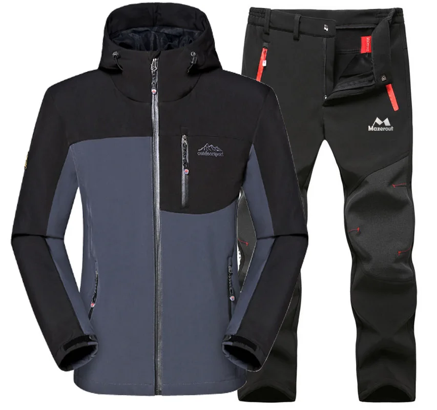 Мужские зимние водонепроницаемые рыбий лыжный теплый флисовый походный лагерь пальто комплект верхней одежды брюки для альпинизма большие брюки - Цвет: Gray Black Suit